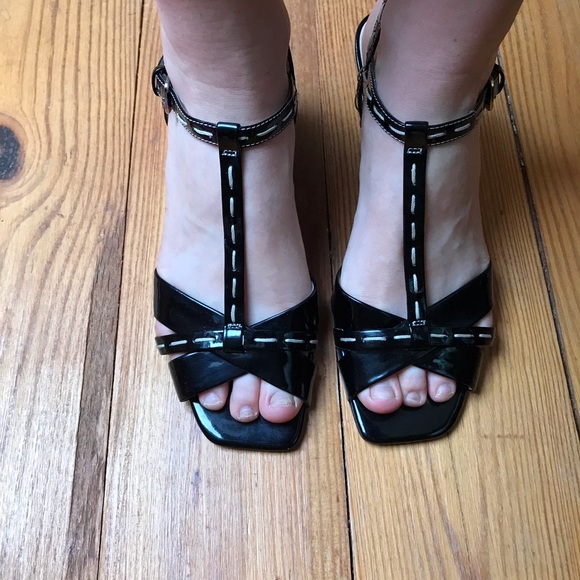 Etienne Aigner Black Patent Leather Wedge Sandals, EUC, 8 - Picture 13 of 16
